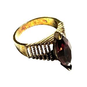 Vintage Cocktail Ring textured gold band purple marquise center stone Size 7